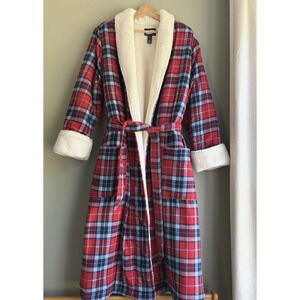 LANDS END Size Large 14-16 Red Plaid Cotton Flannel Sherpa Lined Bath Robe Cozy